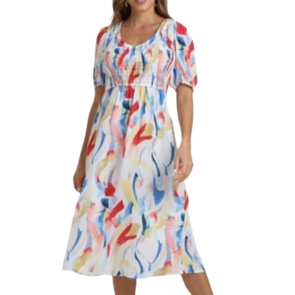 89th & Madison White Midi Dress with Red, Blue, Yellow Brushstroke Print